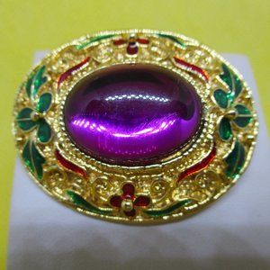 VTG Large Heavy Purple Glass Cabochon Enamel Gold Tone Brooch Oval Purple
